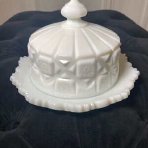 Westmoreland White Milk Glass Covered Butter Dish in “Old Quilt” pattern.